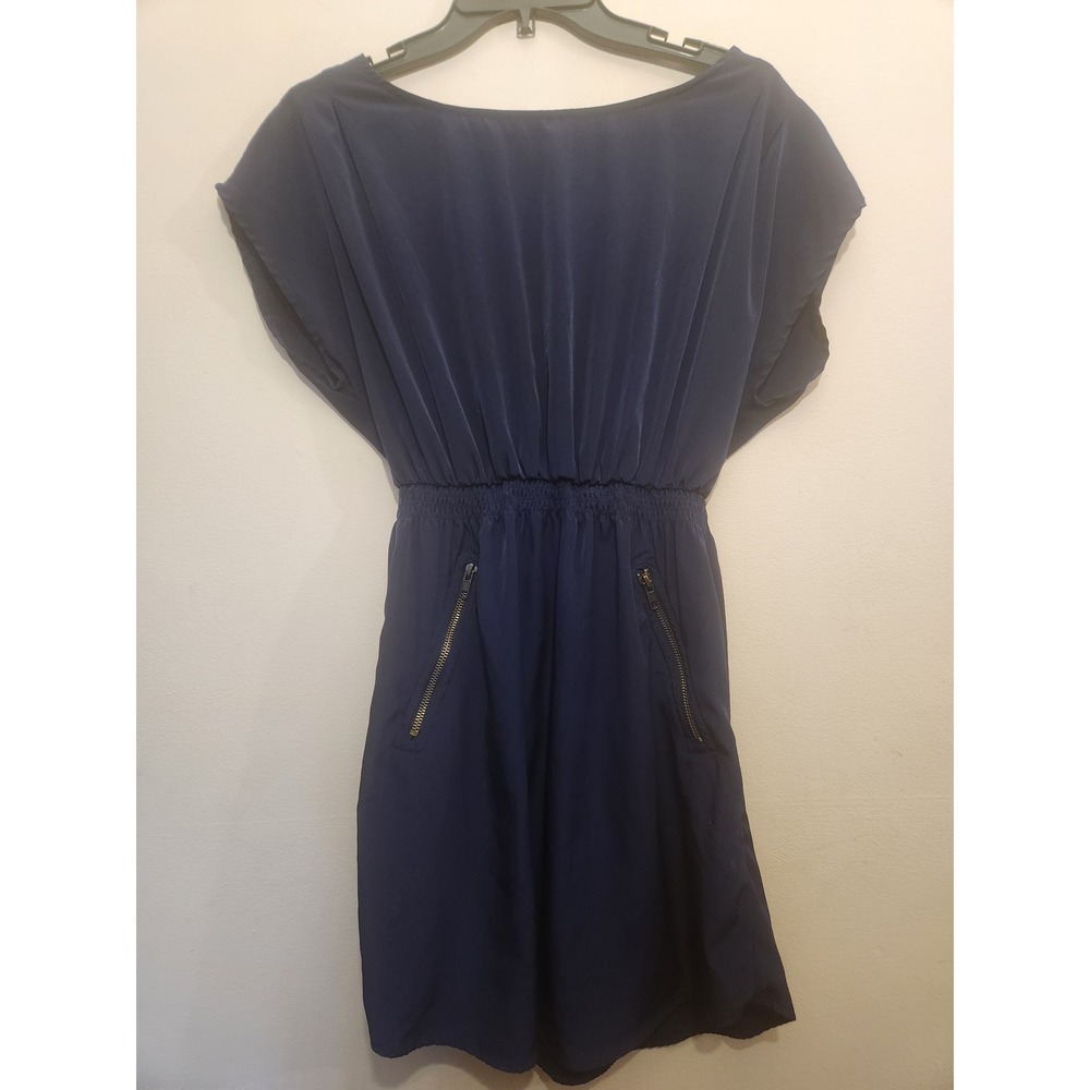 One Clothing Navy Blue Mini Dress Cinched‎ Smocked Waist & Gold Zip Pockets SZ S